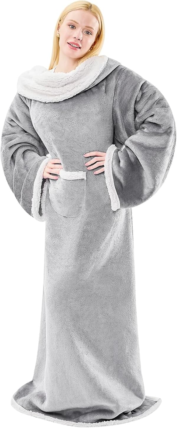 Cozy Sherpa Wearable Blanket with Sleeves for Adults