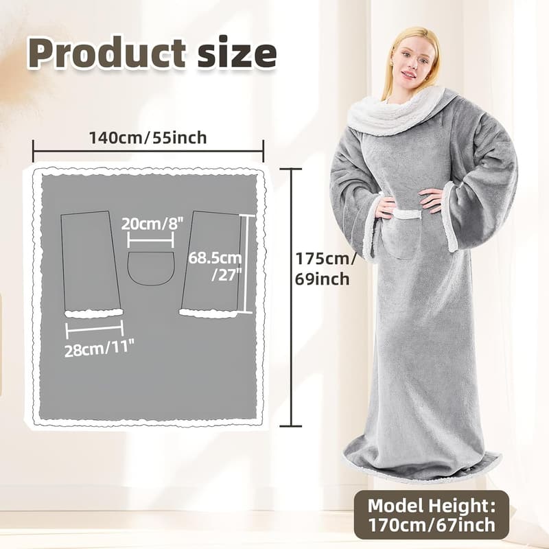 Cozy Sherpa Wearable Blanket with Sleeves for Adults