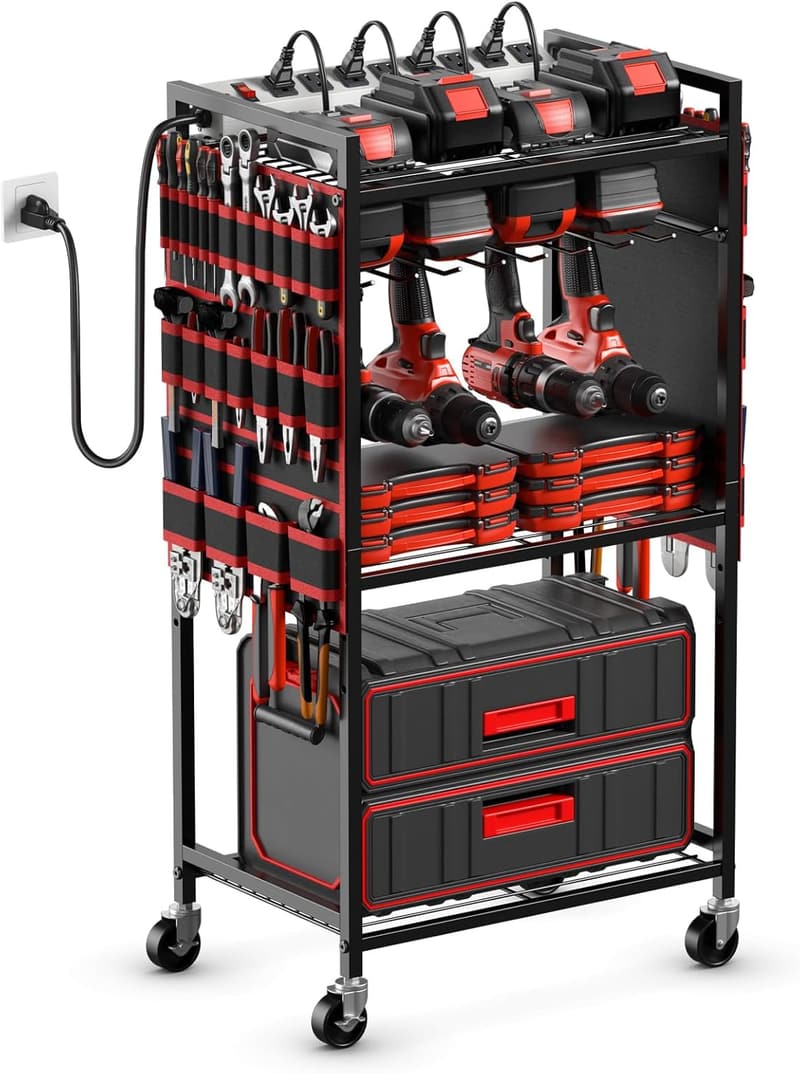 Heavy-Duty Rolling Tool Organizer Cart with Charging Station