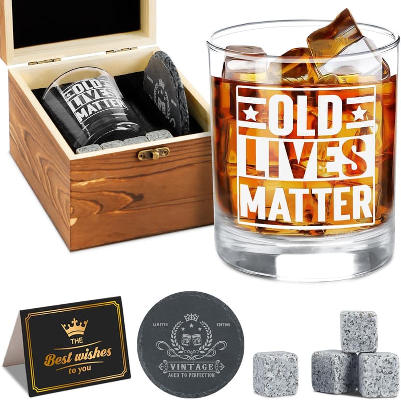 Funny Whiskey Gift Set for Men - 11oz Glass & Wood Box