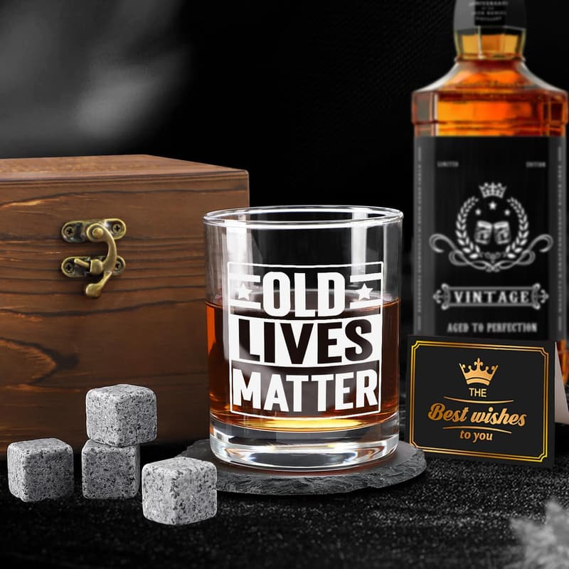 Funny Whiskey Gift Set for Men - 11oz Glass & Wood Box