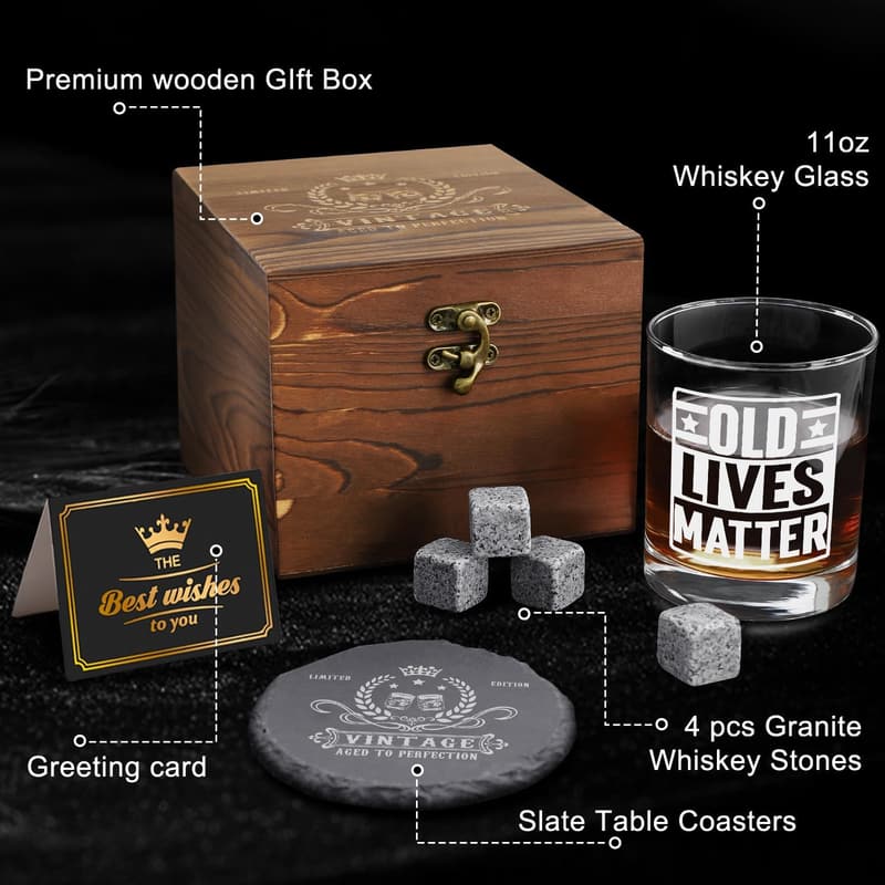 Funny Whiskey Gift Set for Men - 11oz Glass & Wood Box