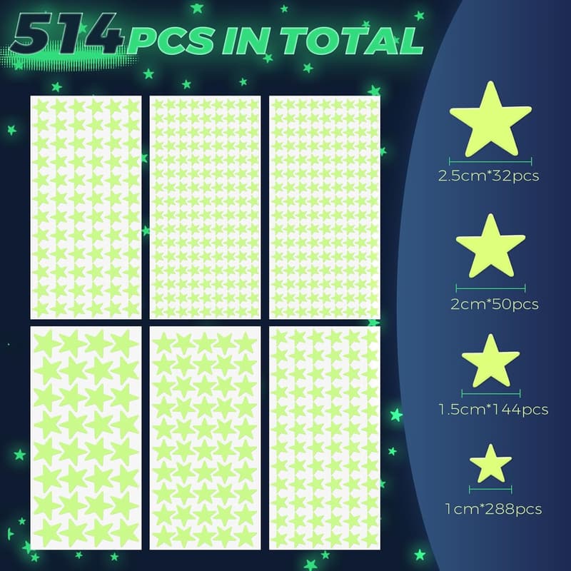 Glow in the Dark Star Stickers - 514pcs 3D Wall Decor for Kids