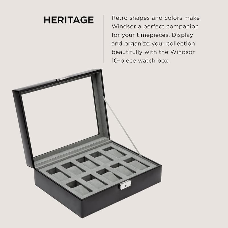 Black 10-Piece Watch Box with Faux Leather & Ultra-Suede Lining
