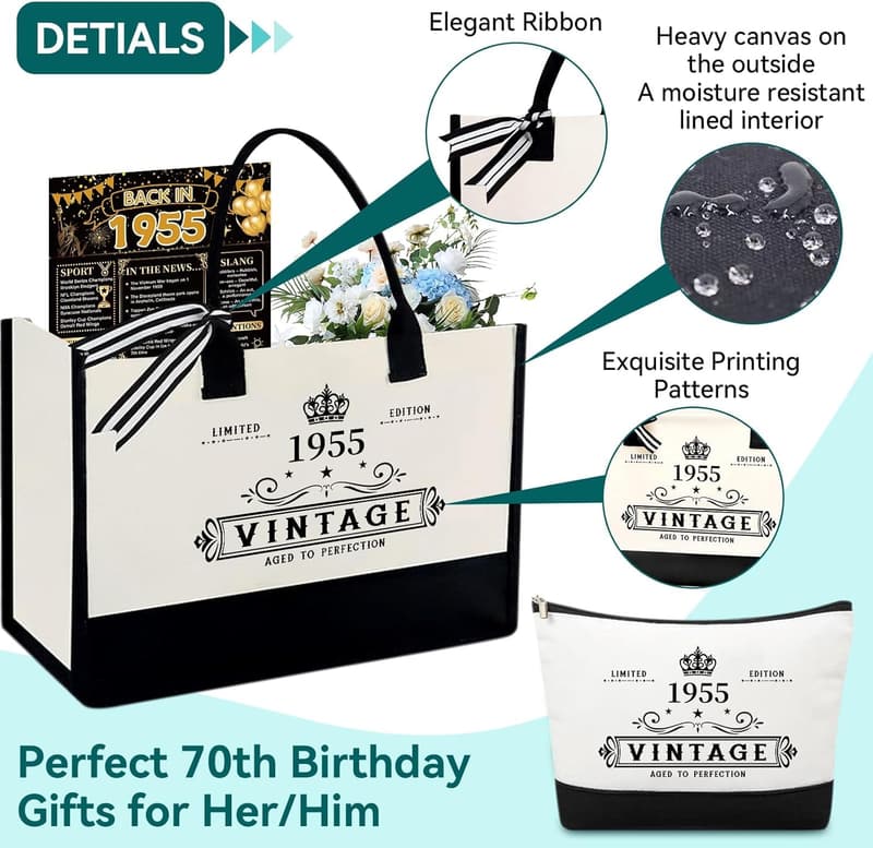 70th Birthday Gifts for Women - Canvas Beach Tote & Makeup Bag Set