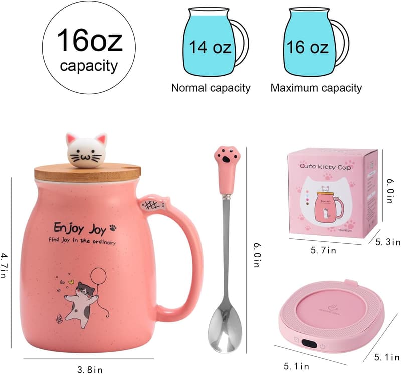 Cute Cat Mug Set with Electric Warmer for Home & Office
