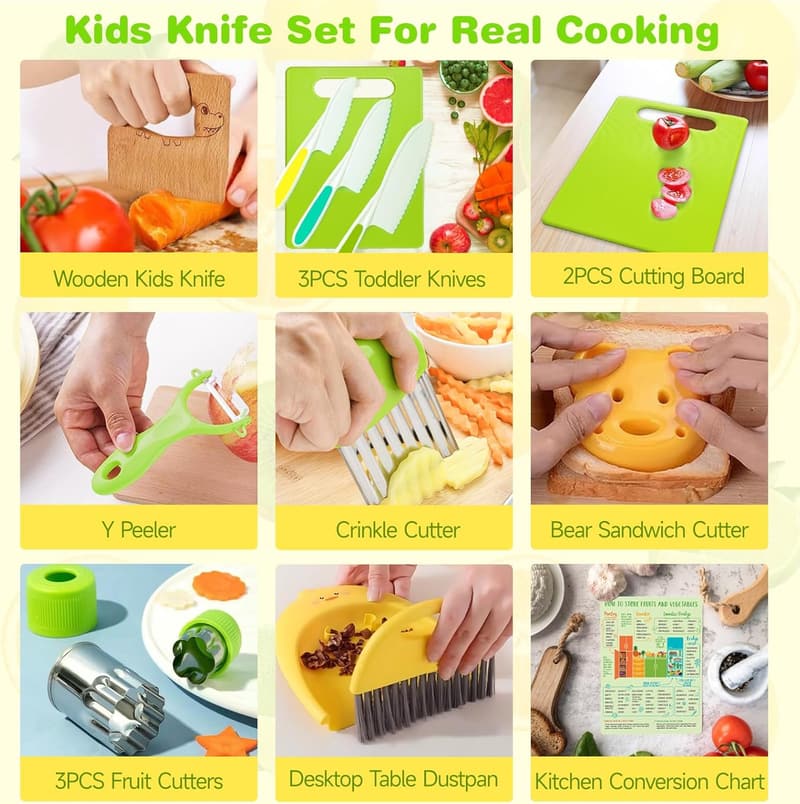 Kids Cooking Knife Set with Board & Tools - Gifts for Ages 2-10