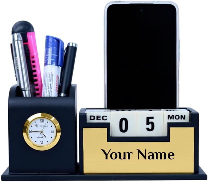Customized Desk Organizer with Clock and Pen Stand (Gold)