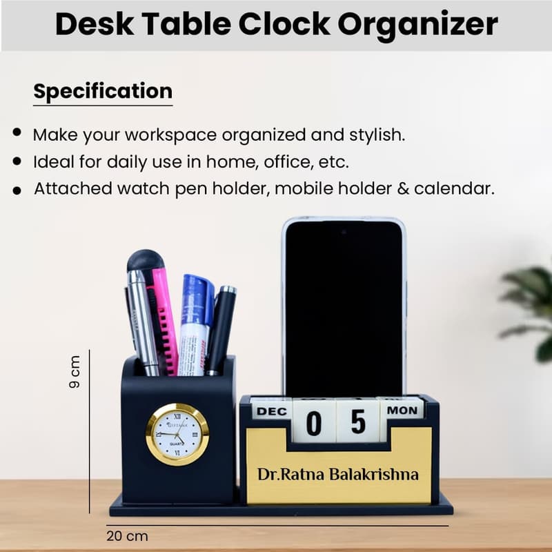Customized Desk Organizer with Clock and Pen Stand (Gold)
