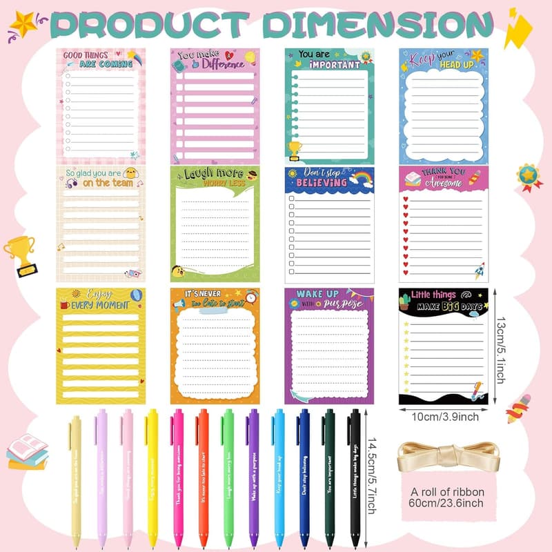 Employee Appreciation Gift Set: 12 Motivational Sticky Notepads & Pens