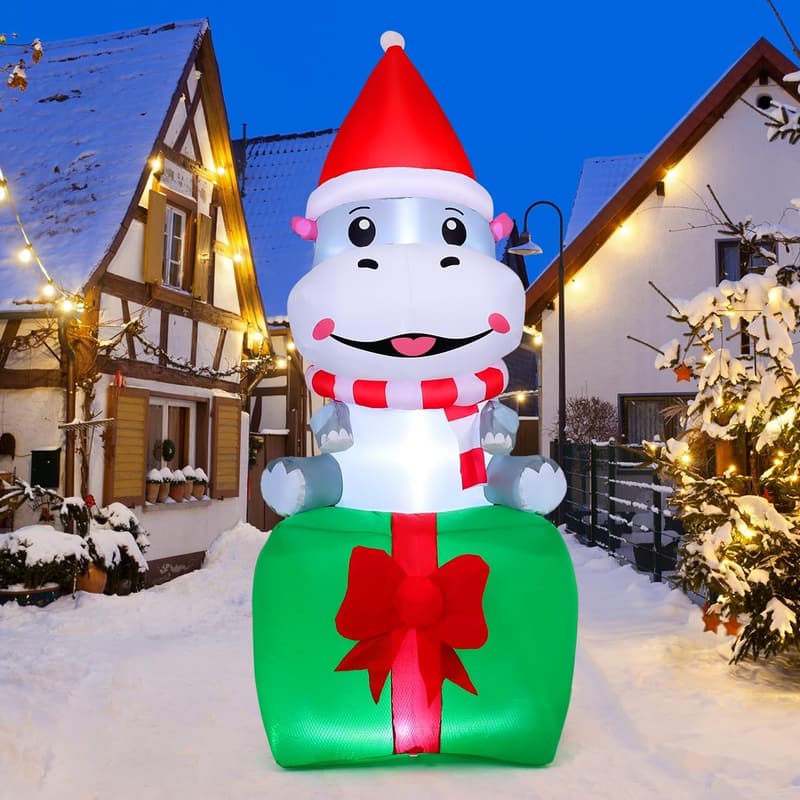 Christmas Inflatable Decoration - 6.8 FT Smiling Hippo on Gift Box