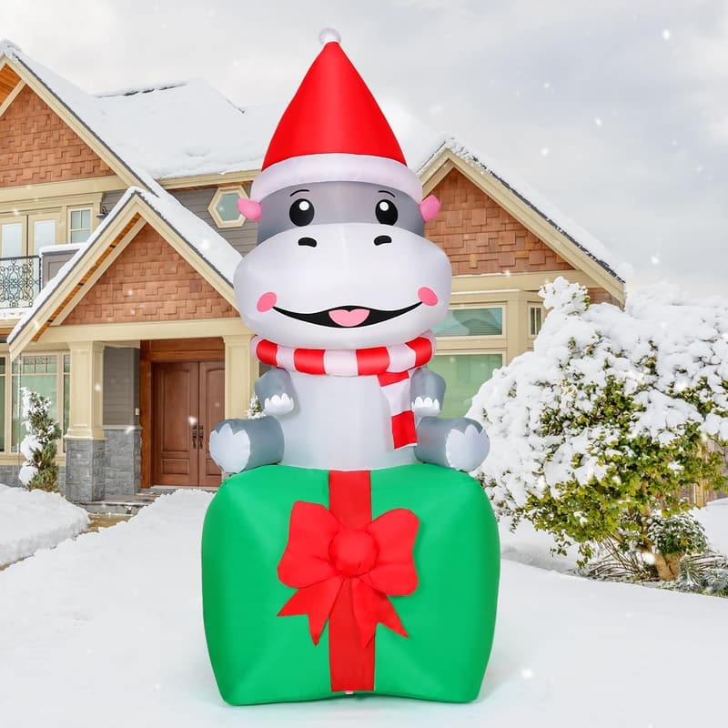 Christmas Inflatable Decoration - 6.8 FT Smiling Hippo on Gift Box