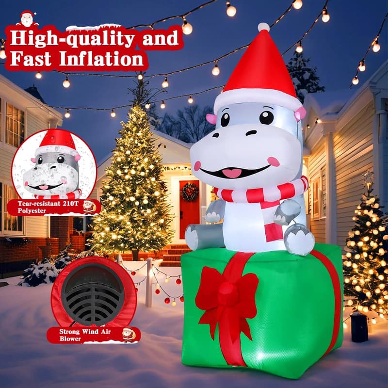 Christmas Inflatable Decoration - 6.8 FT Smiling Hippo on Gift Box