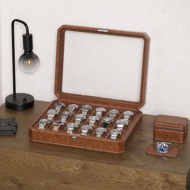 Luxury Watch Box for Men – 18-Slot Lockable Case with Glass Top