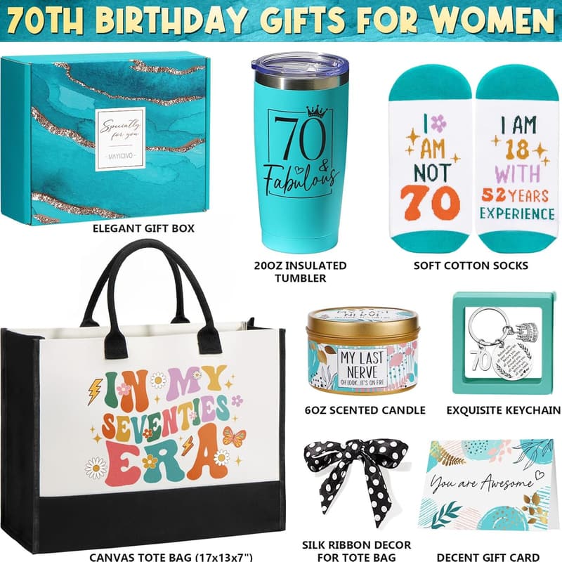 70th Birthday Gift Basket for Women with Canvas Tote Bag