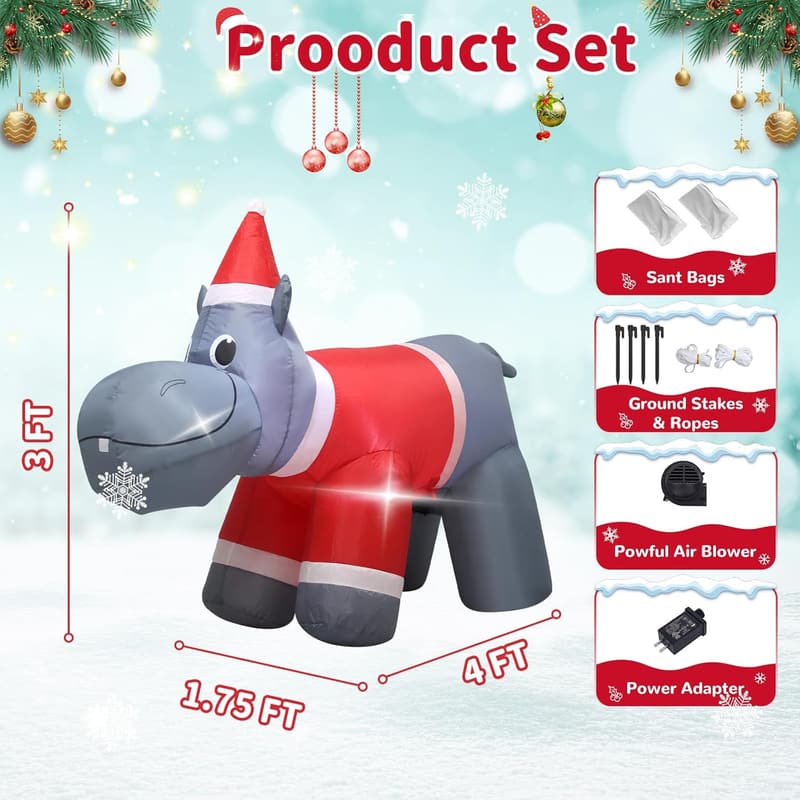 Christmas Inflatable Hippo Decoration with Lights - 4FT