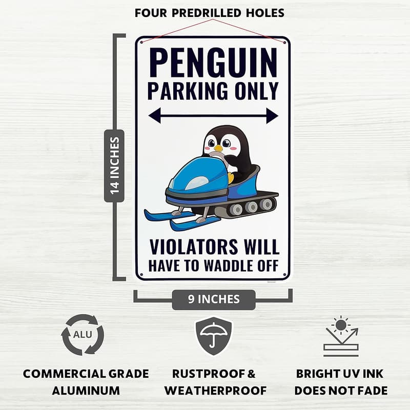Cute Penguin Sign Decor - Aluminum - 9 x 14 Inches