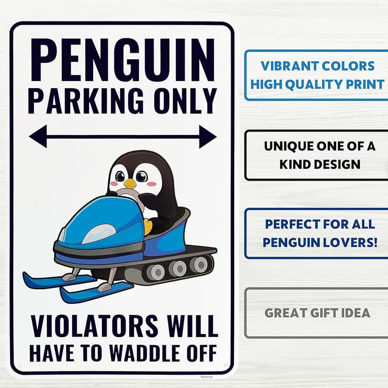 Cute Penguin Sign Decor - Aluminum - 9 x 14 Inches