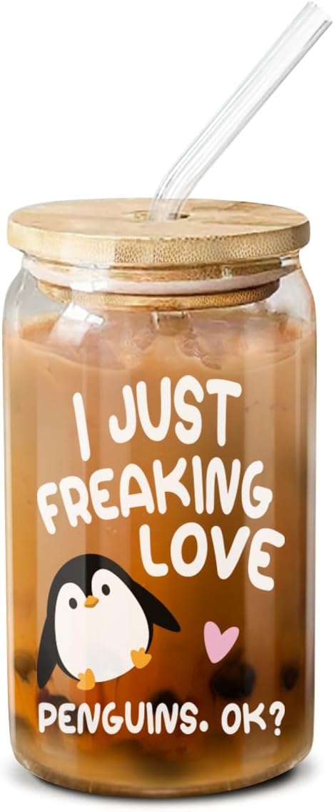 Cute Penguin Coffee Glass Gift for Women - 16 Oz Birthday Mug