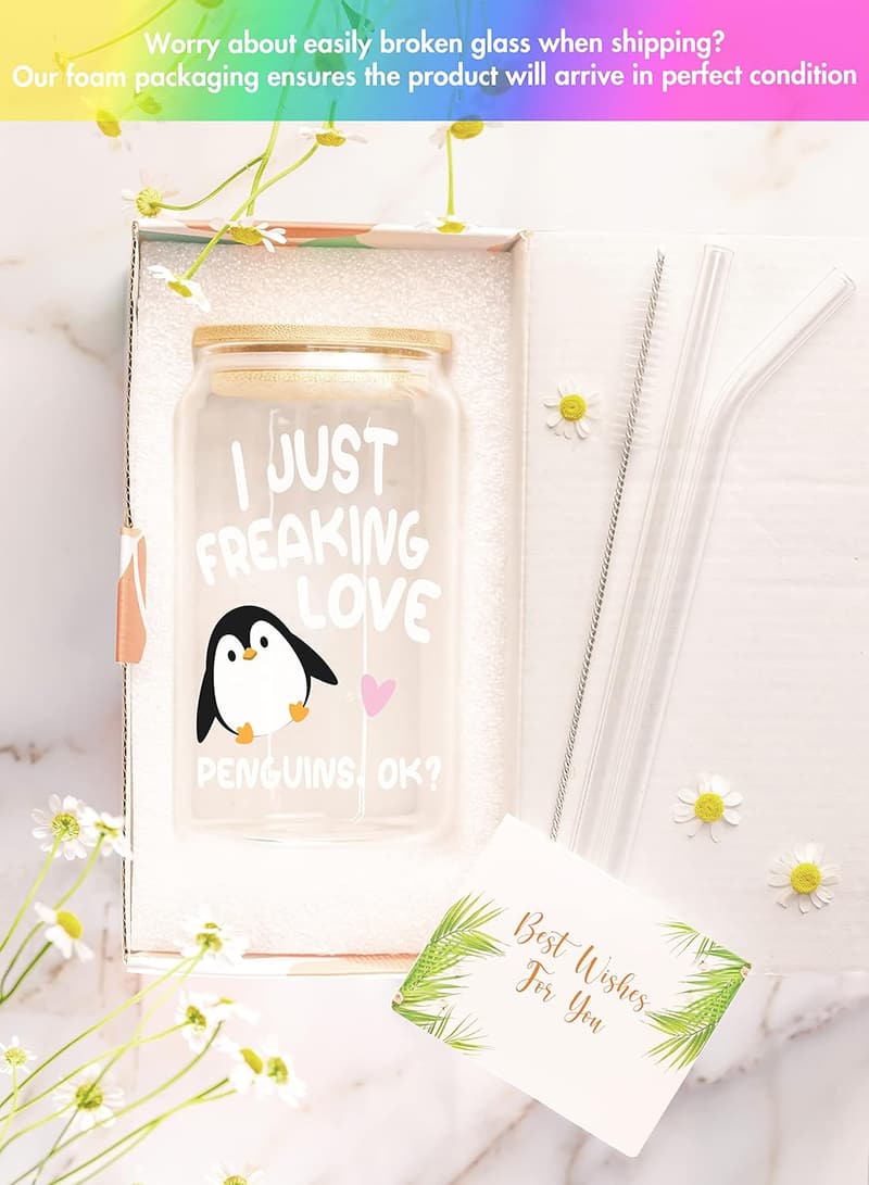 Cute Penguin Coffee Glass Gift for Women - 16 Oz Birthday Mug