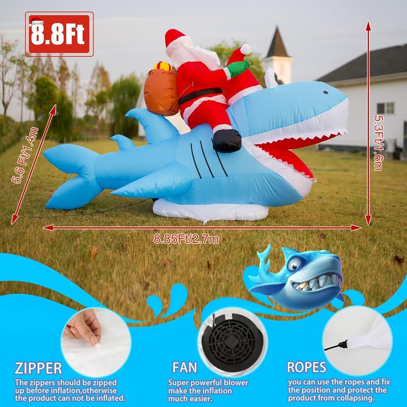 Santa Riding Shark Inflatable - 8.8FT Outdoor Christmas Decor