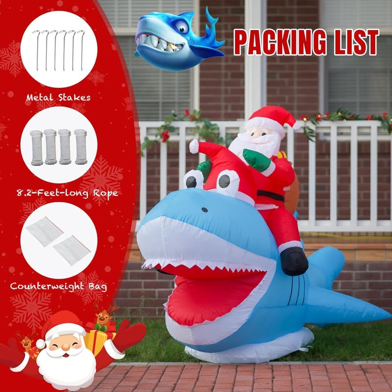 Santa Riding Shark Inflatable - 8.8FT Outdoor Christmas Decor