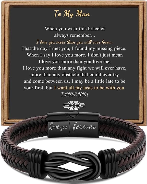 Infinity Bracelet for Men - Engraved Leather & Steel Gift