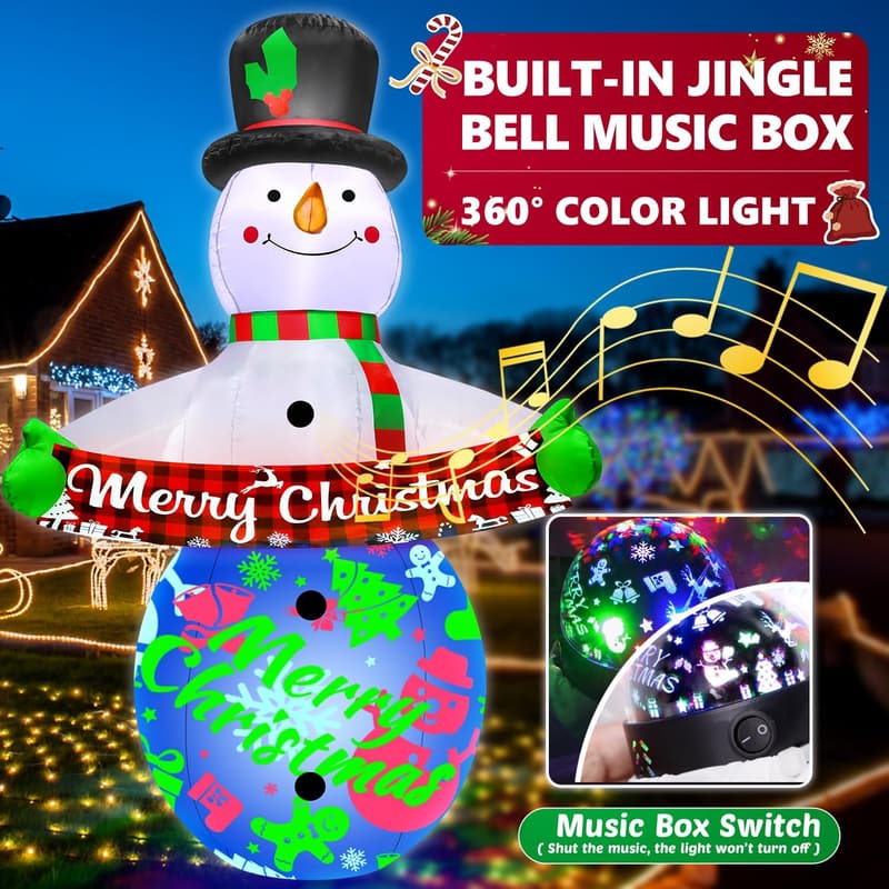 7FT Colorful Snowman Christmas Inflatable with Music & Projector