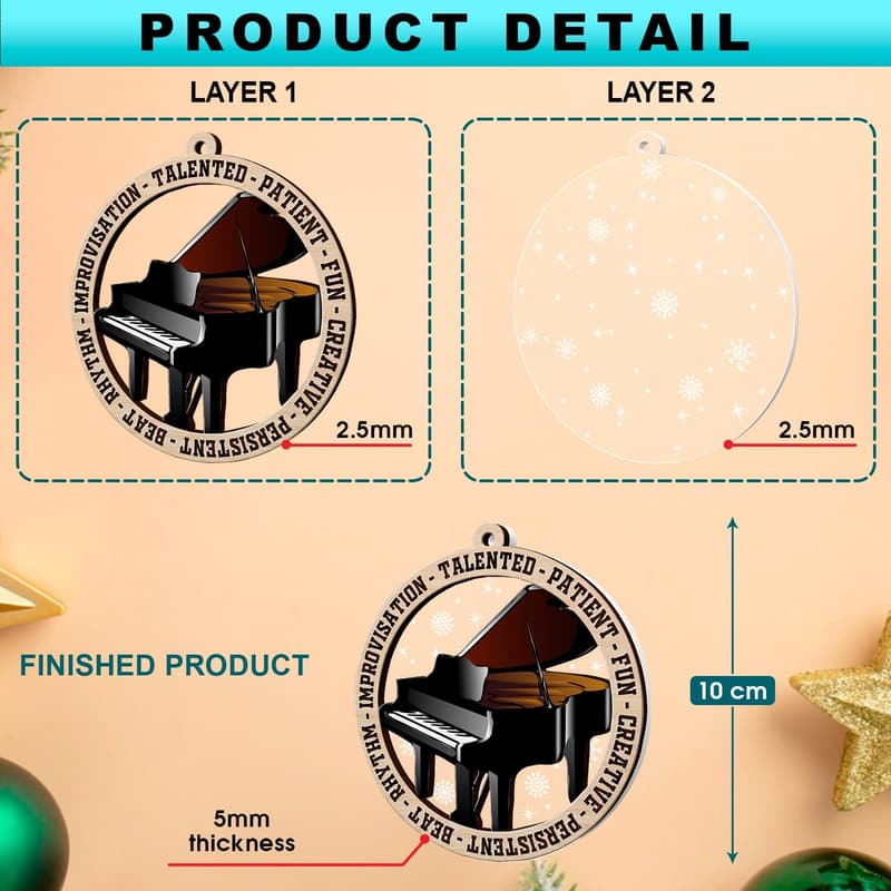 Grand Piano Ornament - 2-Layer Wood & Acrylic Decoration