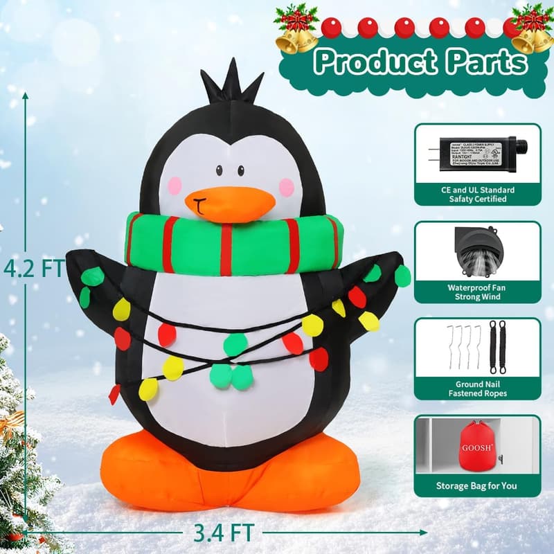 Christmas Penguin Inflatable Outdoor Decoration with LED Lights