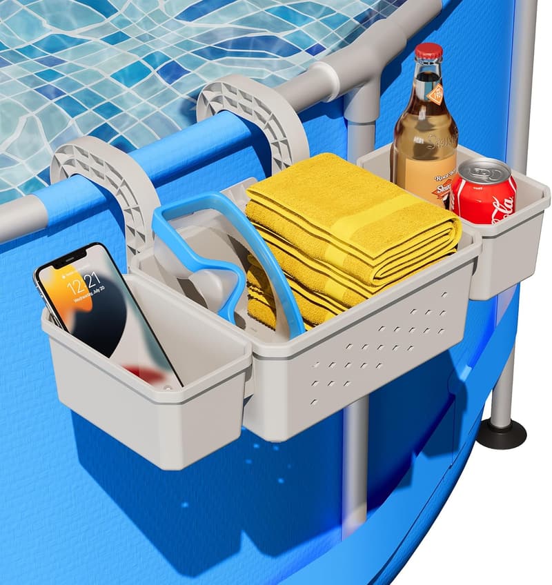 Stretchable Poolside Storage Basket with 2 Cup Holders - Grey