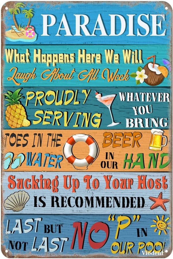 Vintage Paradise Pool Rules Metal Sign for Outdoor Decor 12x8 Inches