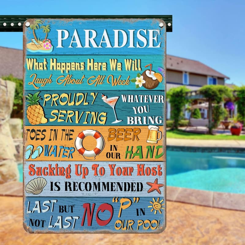 Vintage Paradise Pool Rules Metal Sign for Outdoor Decor 12x8 Inches