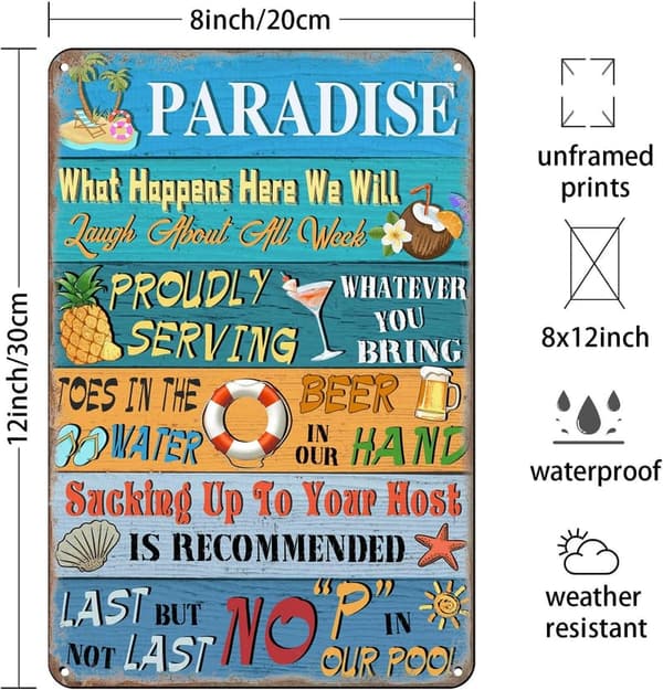 Vintage Paradise Pool Rules Metal Sign for Outdoor Decor 12x8 Inches