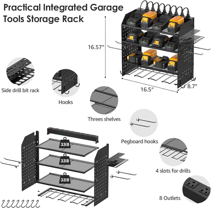 Power Tool Organizer with Charging Station and Power Strip