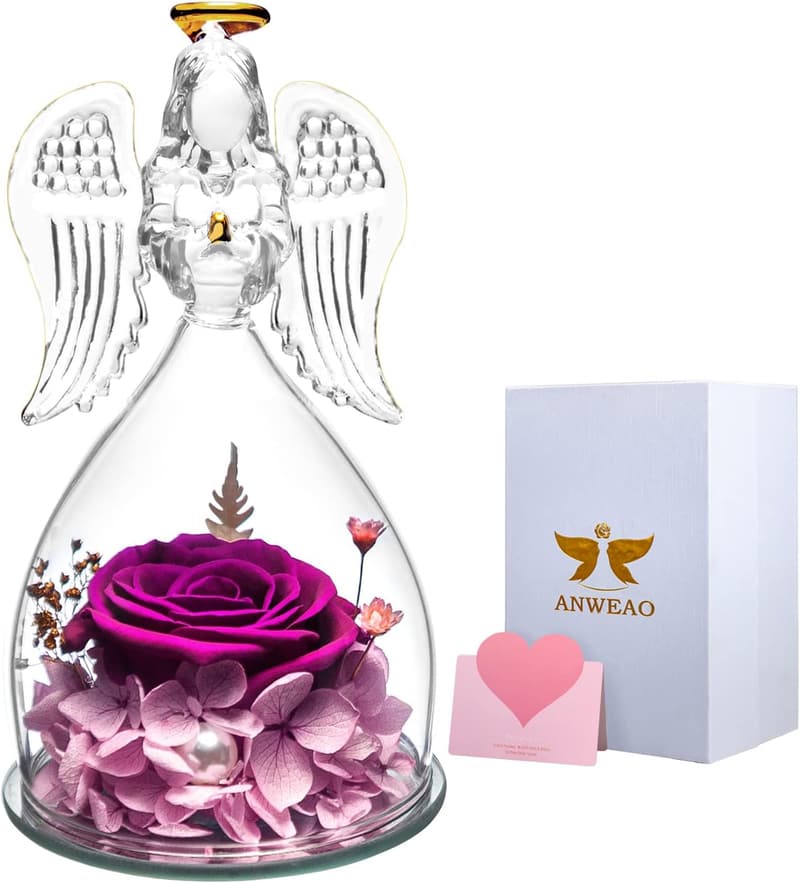 Mother's Day Preserved Rose Glass Angel Figurine for Mom