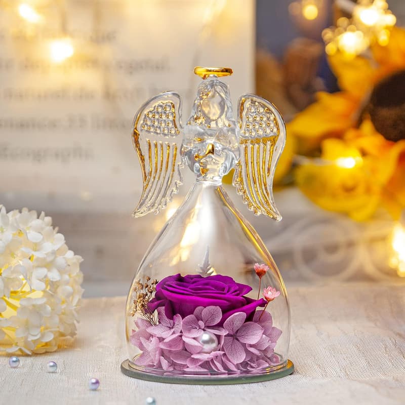 Mother's Day Preserved Rose Glass Angel Figurine for Mom