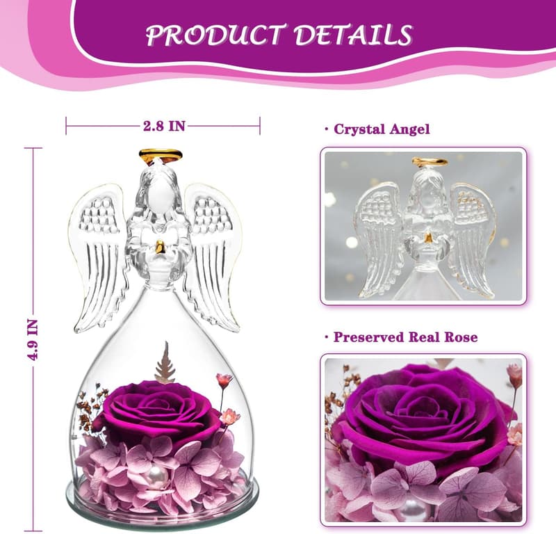 Mother's Day Preserved Rose Glass Angel Figurine for Mom