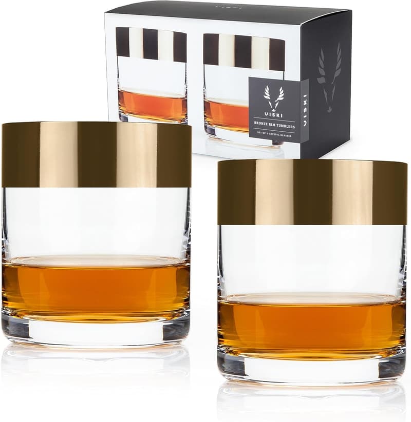 Stylish Lowball Whiskey Glass Set with Bronze Rim - 8 oz