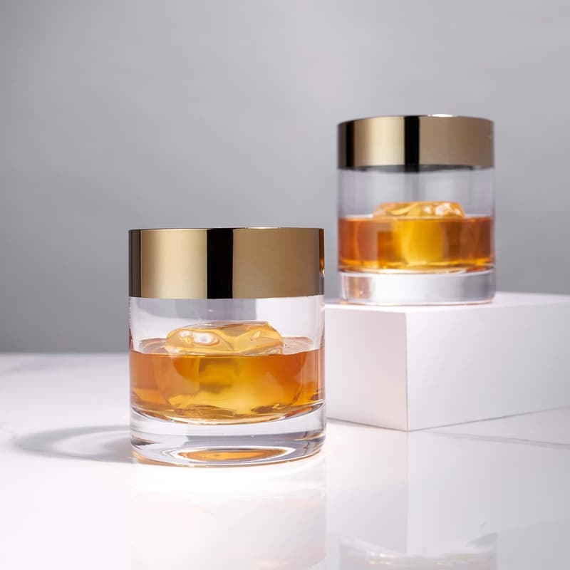 Stylish Lowball Whiskey Glass Set with Bronze Rim - 8 oz