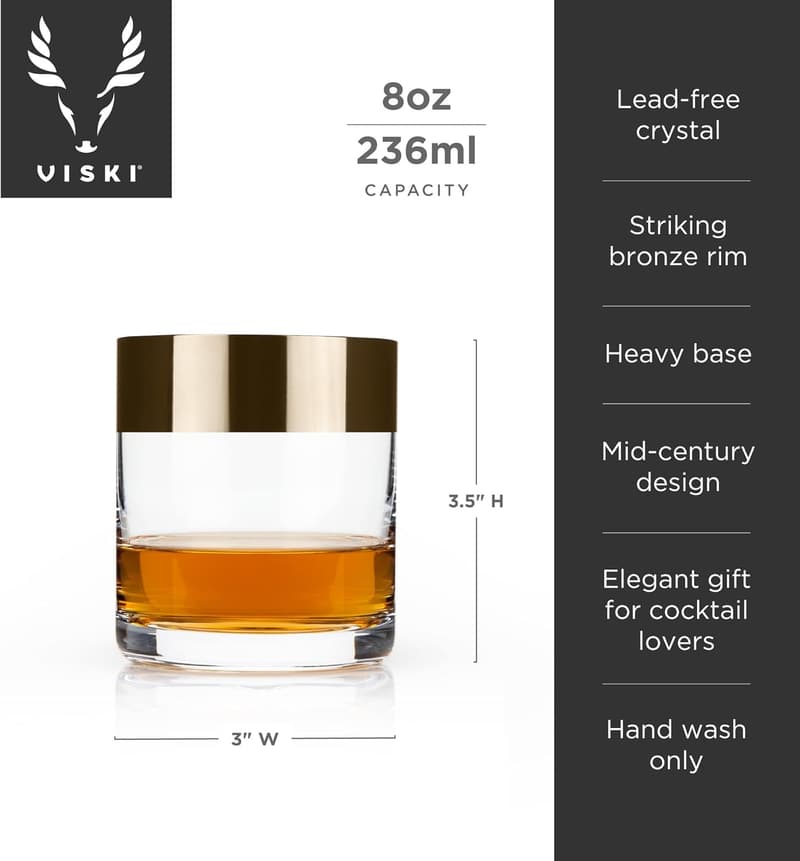 Stylish Lowball Whiskey Glass Set with Bronze Rim - 8 oz