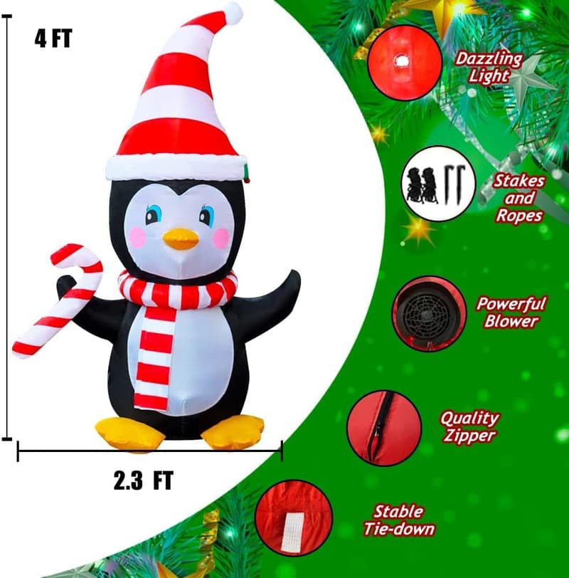 4 Ft LED Inflatable Christmas Penguin Decoration for Yard