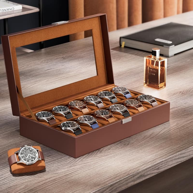 Men's 12-Slot PU Leather Watch Box Organizer with Glass Lid
