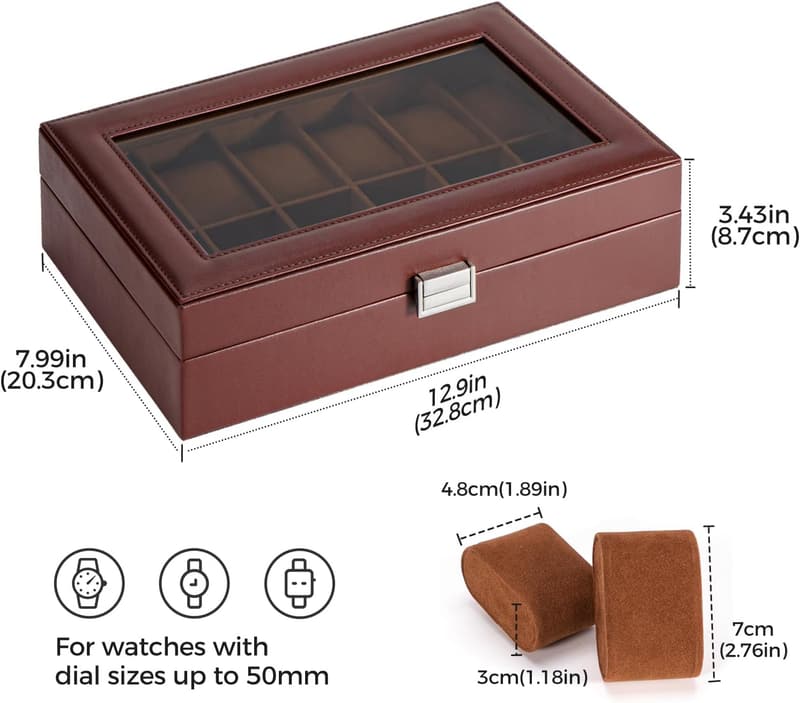 Men's 12-Slot PU Leather Watch Box Organizer with Glass Lid