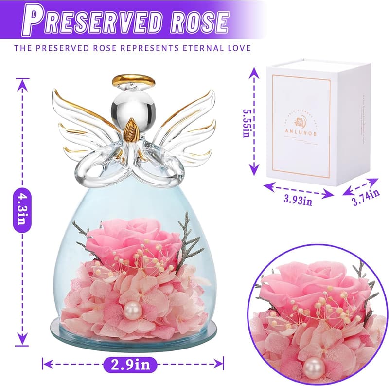 Preserved Rose in Glass Angel Figurine for Women