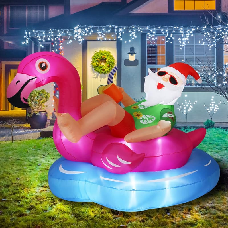 Hawaiian Santa Inflatable on Flamingo Pool Float Christmas Decor