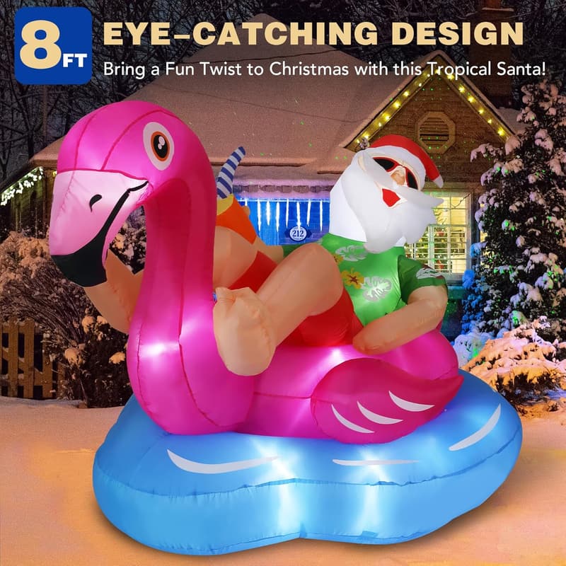 Hawaiian Santa Inflatable on Flamingo Pool Float Christmas Decor