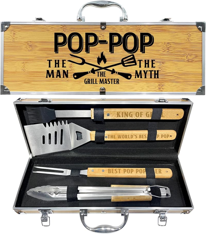 Father's Day Wooden BBQ Accessories Kit with Stainless Steel Utensils