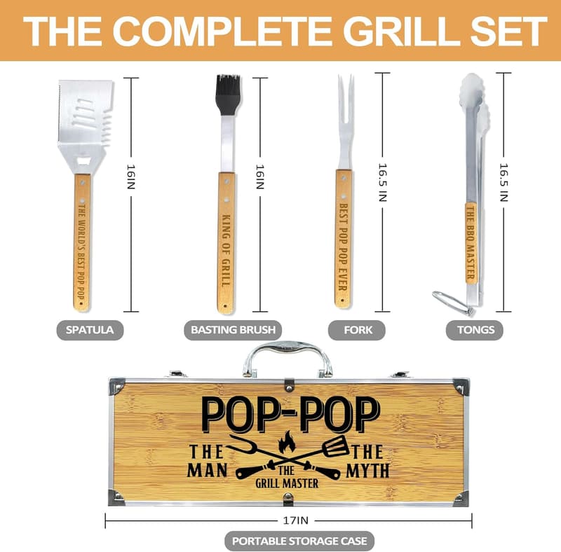 Father's Day Wooden BBQ Accessories Kit with Stainless Steel Utensils