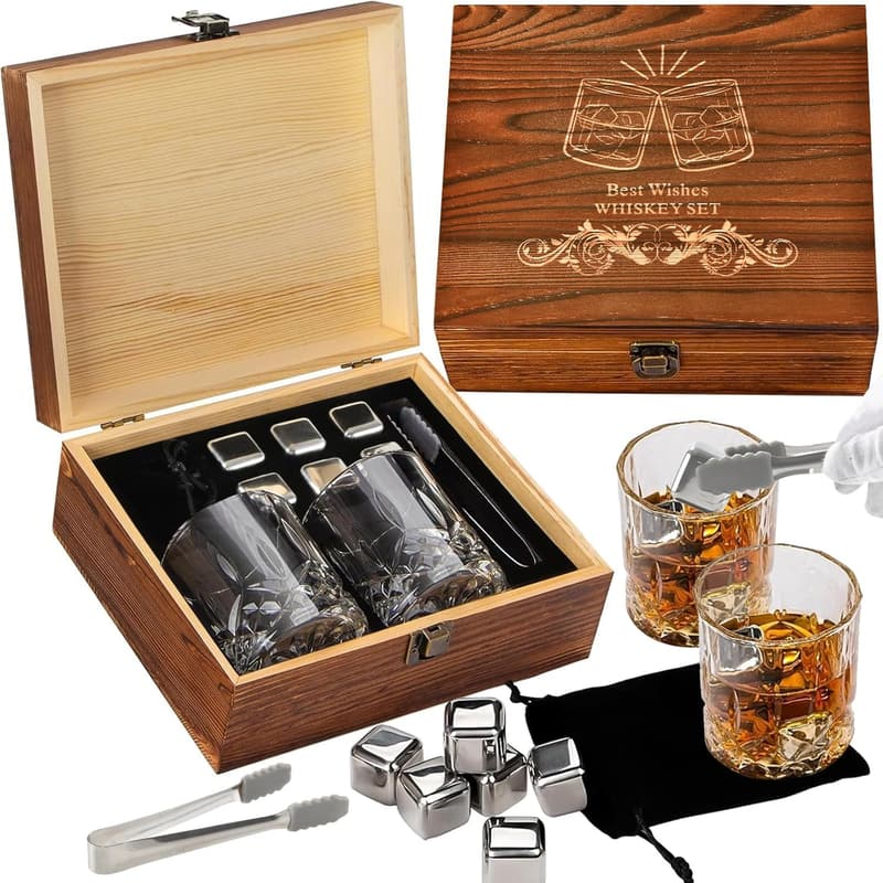 Whiskey Glasses Gift Set for Men with Wooden Box